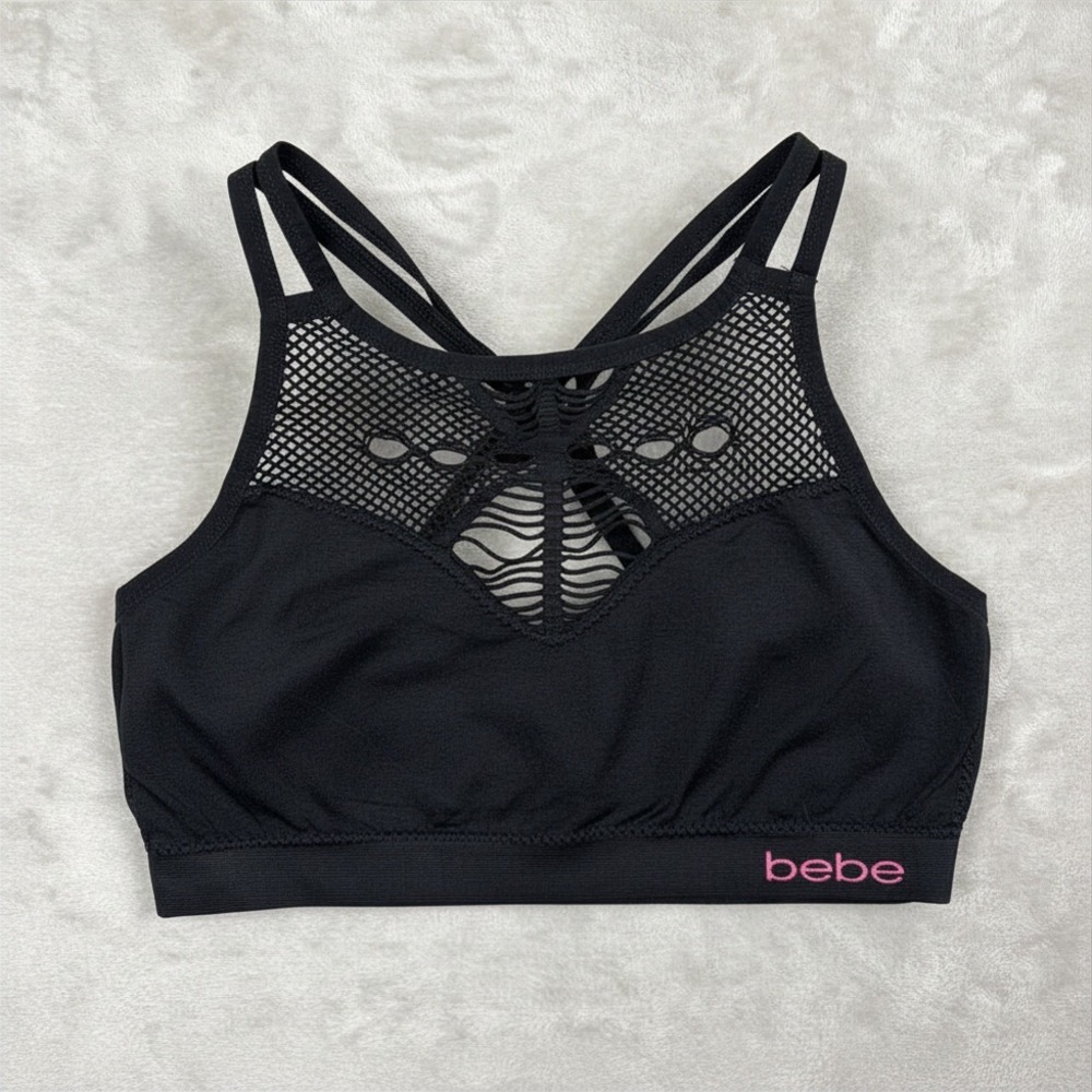 Bebe Intimates Sports Bra L Black Mesh High Neck Strappy Racerback Fitness Yoga